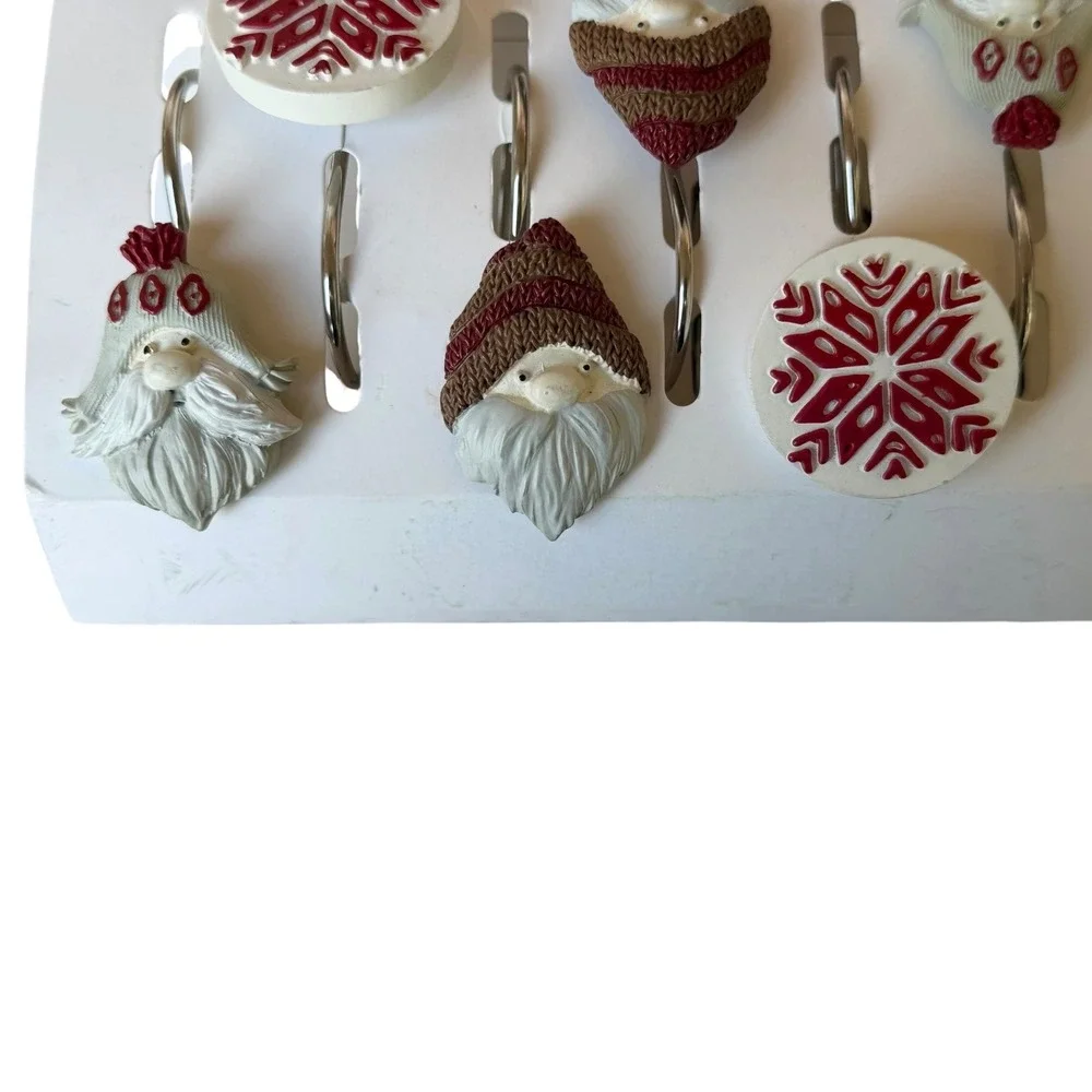 Christmas Shower Curtain Hooks Set of 12 Santa Gnome Snowflake Rustic Holiday